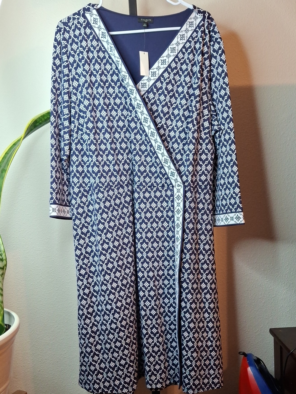 Talbots Navy and White Printed Faux-Wrap Dress NWT $149 Retail
